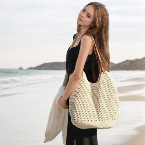 Bototack Crochet Beach Bag for Women - Summer Mesh Beach Tote Bag Boho Woven Purse Shoulder Handbags for Vacation Travel