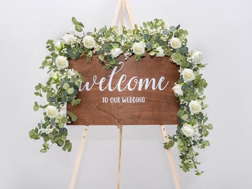 6FT Artificial Eucalyptus Garland with Flowers, 10 White Roses Baby Breath Garland Floral Greenery for Wedding Party Cente...