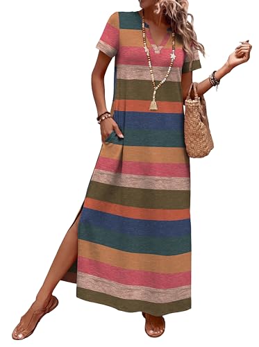 OFEEFAN Summer Dresses for Women 2026 Maxi Dress Short Sleeve Sundresses with Pockets Beach Vacation Spring Outfits
