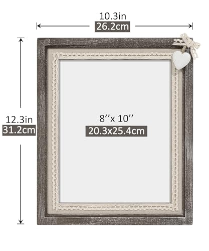 Sapowerntus 8x10 Picture Frames Rustic Wood Farmhouse Cute Heart Love Solid Wooden Family Photo Frame Lace Bow Glass Boho ...