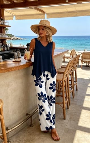 WIHOLL Two Piece Sets for Women Dressy Lounge Sets Summer Outfits Cruise Travel Beach Vacation Casual Wide Leg Pants Set