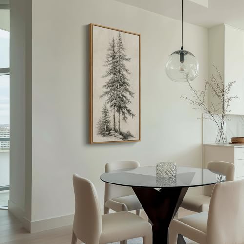 Framed Vertical Vintage Sketch Tree Living Room Wall Art, Large Black Beige Rustic Pine Artwork for Walls, Classic Antique...