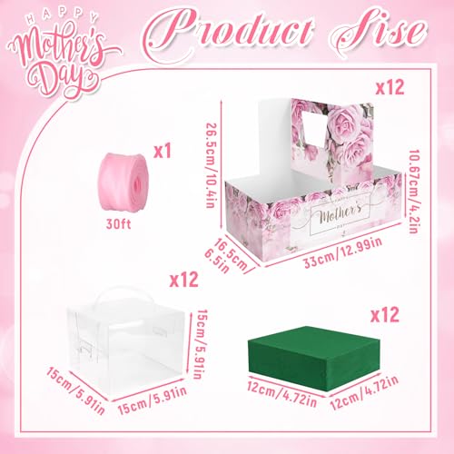 12 Set Mother's Day Cake Flower Gift Boxes with 12 Pcs Transparent PVC Cake Boxes 12 Floral Foam Ribbon Set Flower Bouquet...