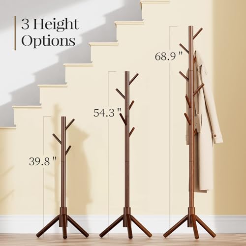 Pipishell Sturdy Wooden Coat Tree with 8 Hooks, 3 Adjustable Sizes for Clothes, Hat Stand Used in Bedroom/Office/Entryway,...