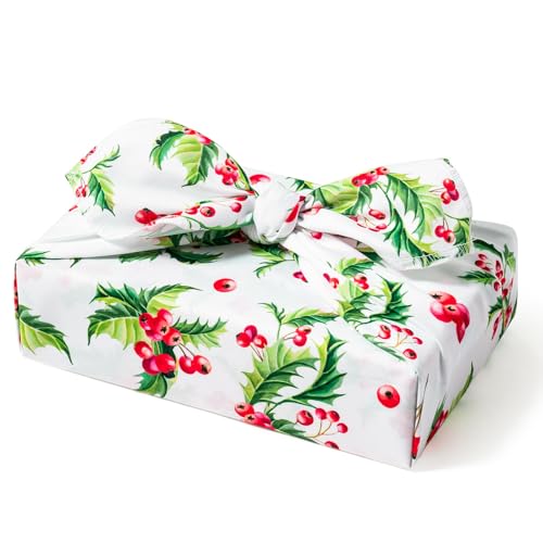 WRAPAHOLIC 26" Reusable Christmas Gift Wrap - 1 Piece Berry and Holly Natural Cotton Reusable Fabric Gift Wrap Christmas F...