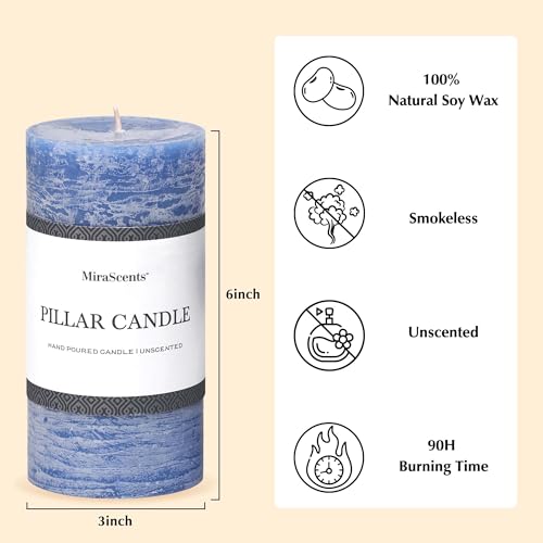 3x6 Inch Blue Pillar Candles Set of 3 - Hand-Poured Unscented Candles, Long Clean Burning, Large Big Candle, Smokeless Dri...