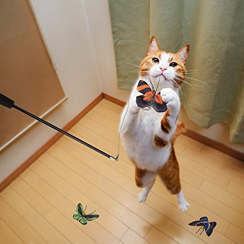 AWOOF Butterfly Cat Wand Cat Toys Set, Realistic Crinkle Catnip Butterflies Kitten Toys with Retractable Interactive Cat W...