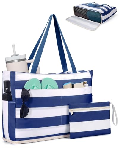 WANDF Beach Bags for Women, Large Waterproof Sandproof Beach Tote Bag with Zipper Family Pool Bags with 40oz Tumbler Pocke...