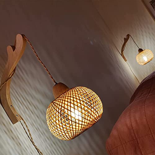 Frideko Bamboo Lantern Plug in Wall Sconces Wicker Wall Lamp with Plug in Cord Hand Woven Rattan Wall Light Farmhouse Rust...