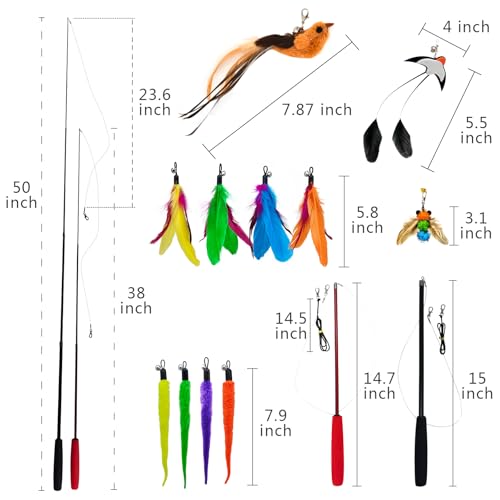miwoowim Interactive Cat Wand Toy Set – 2 Retractable Wands (37" & 49") with 11 Refills Attachments – Feather Toys, Plush ...