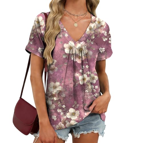 MARSVOVO Womens Pleated V Neck Short Sleeve Shirts Summer Everyday Casual Tunic Tops Comfy Breathable Hawaiian Tees