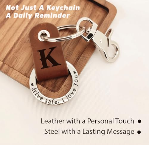 Custom Engraved Leather Keychain, Personalized Initial Key Ring for Him, Stainless Steel Couple Gift for Men & Women