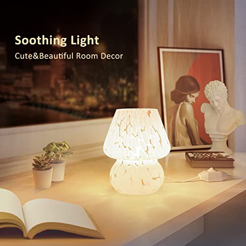 ONEWISH Mushroom Lamp Small Bedside Table Lamp-Nightstand Nightlight Dimmable Stepless, Translucent Glass White Desk Lamp ...