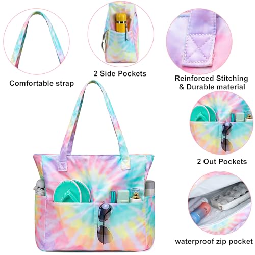 CAMTOP Waterproof Beach Tote Bag for Women Girls with Zipper Foldable Sandproof Pool Swim Bag Travel Carry On Gym