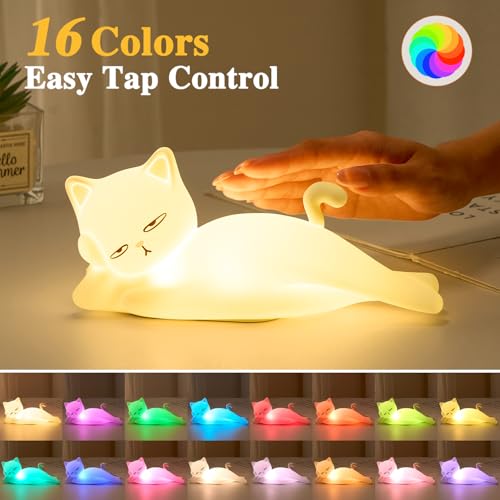 Lying Flat Cat Lamp Funny Gifts, 16 Colors+5 Dimming+Silicone Random Stuff, Touch+Remote+Recharge Night Light for Kids, Co...