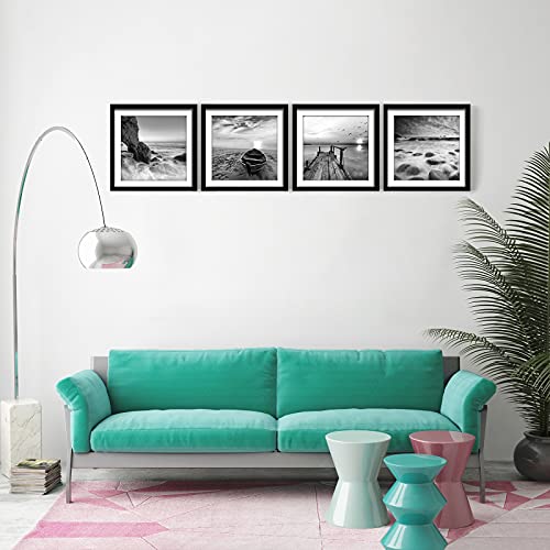 ENGLANT-4 Panels Set Framed Canvas Print for Seascape Beach and Boat Sunrise Scenery Black and White Giclee Canvas Print W...
