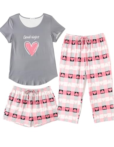 Ekouaer 3 PCS Capri Pajamas for Women Set Short Sleeve Pajama Sets Floral Pj Sets Soft Sleepwear with Pockets