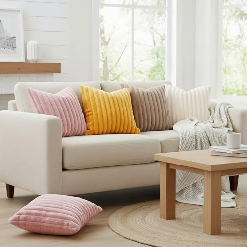 decorUhome Summer Cozy Faux Fur Throw Pillow Covers 18x18 Set of 2 Decorative Soft Plush Striped Modern Farmhouse Boho Cou...