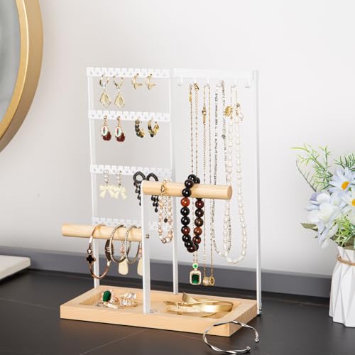 Jewelry Organizer Stand, Jewelry Holder, Lengnoy 4 Tier Earring Holder with 48 Holes and 6 Hooks Necklace Organizer Wood B...