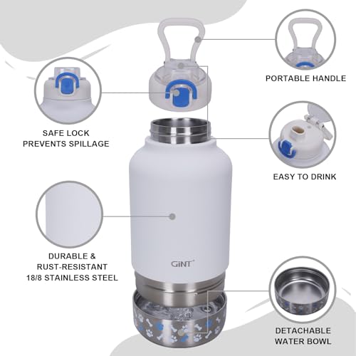 GiNT 37oz Insulated Stainless Steel Dog & Human Water Bottle, All-in-1 Travel Dispenser with Detachable Bowls & Carrying C...