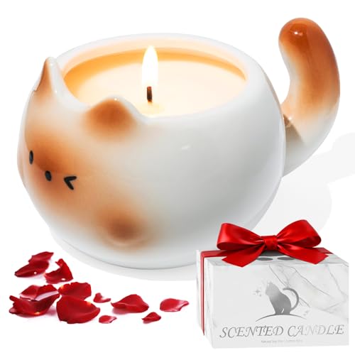 Cat Lover Gift – Cute Cat Scented Candle for Women, Rose Aromatherapy Soy Candle in Ceramic Cat Jar, Funny Cat Lover Gift ...
