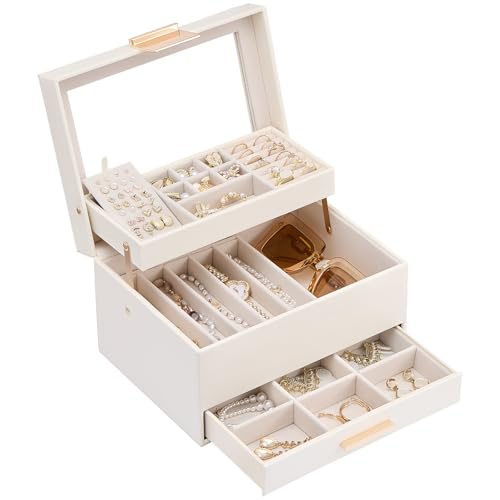 Lolalet Jewelry Box, Clear Window Jewelry Organizer with Drawer for Earrings Bracelets Necklaces Rings, Jewelry Storage fo...