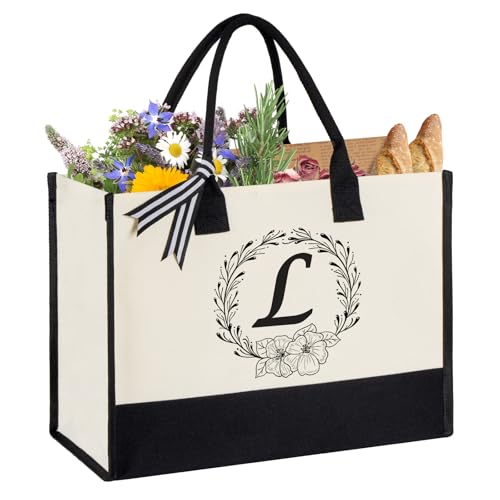 Miokok Personalized Initial Canvas Tote Bag, Beach Bags for Women Birthday Gifts, Wedding Gift for Mom Teachers Friends Nurse