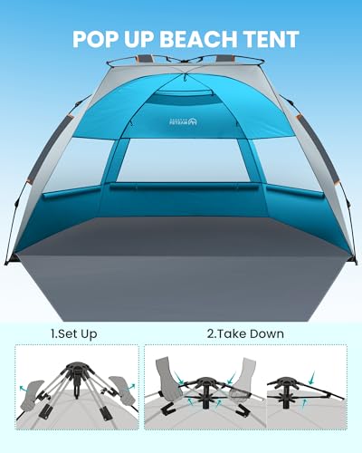 OutdoorMaster Beach Tent Sun Shelter for 3-4 Person, Pop Up Beach Tent Easy Setup with Sandbags, Portable Sun Shade Canopy...