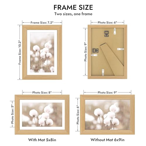 Hongkee 6x9 Oak Wood Picture Frame, Display Photos 5 x 8 with Mat or 6 x 9 without Mat - Tempered Glass Cover, Horizontal ...