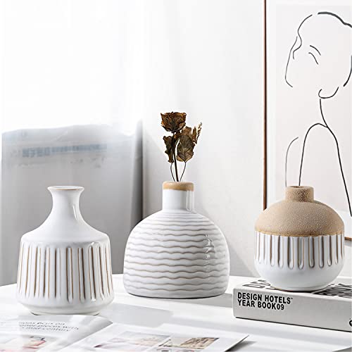 LIZOFER Boho Minimalist Small Ceramic Vase Set of 4 for Bedroom Living Room Office Fireplace Centerpiece Antique White Vin...