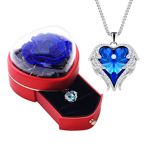 JLQPTX Preserved Real Blue Rose with Heart Necklace Gift Set for Women. Romantic Gifts for Girlfriend Mom on Christmas.For...