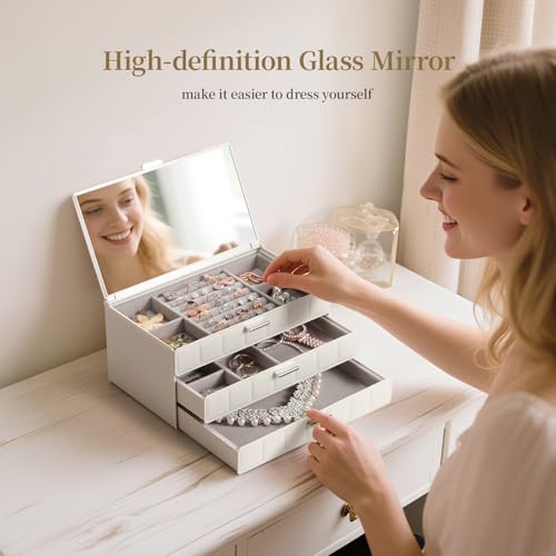 LAMU Jewelry Box Organizer with Mirror, 3-Layer Jewelry organizer with 2 Drawers, Large PU Leather Organizer for Earrings ...