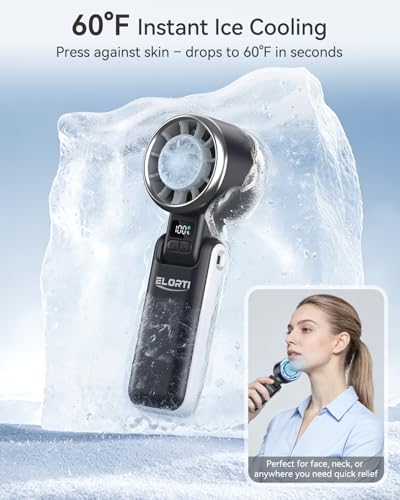 ELORTI Portable Fan, Handheld Fan with Turbo & Ice Cooling, 5-Speed 4000mAh Rechargeable, 3-in-1 Foldable Small Travel Han...