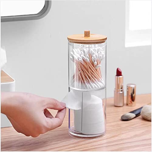 WJASI Qtip Holder Dispenser with Cotton Pads Jar Set Bamboo Lid Stackable Bathroom Counter Acrylic Organizer to Storage Co...
