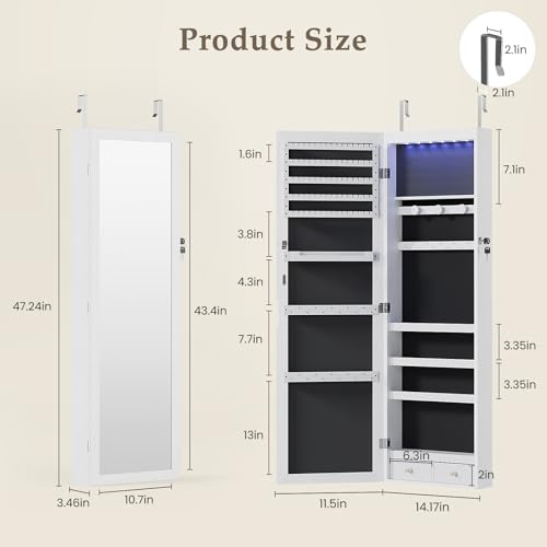 DUMOS 6 LEDs Mirror Jewelry Cabinet, Wall or Door Mounted Jewelry Organizer, 47.2-Inch Tall Lockable Large Capacity Cosmet...
