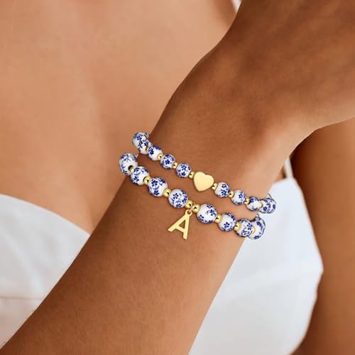 Maxcate Bead Charm Heart Initial Bracelet for Women Girls - 2PCS Flower Vintage Heart Initial Bracelet Teen Girls Gifts Ha...