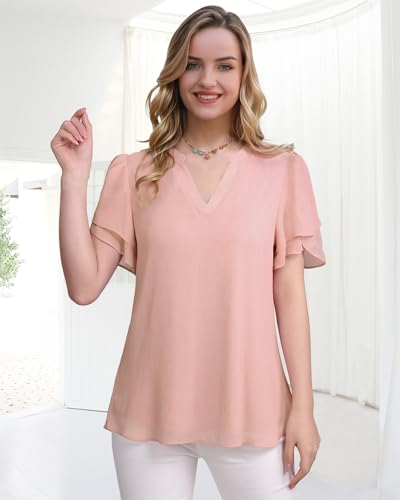 Lotusmile Womens Dressy Chiffon Blouses Summer Puff Petal Short Sleeve Shirts V Neck Casual Work Tops
