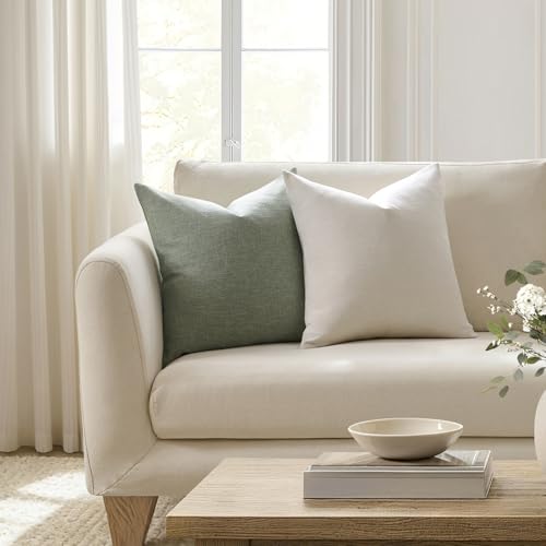 Meekio Set of 2 Ivory Throw Pillow Covers 18x18, Modern Farmhouse Linen Blend Decorative Pillow Covers for Couch Sofa Bed,...