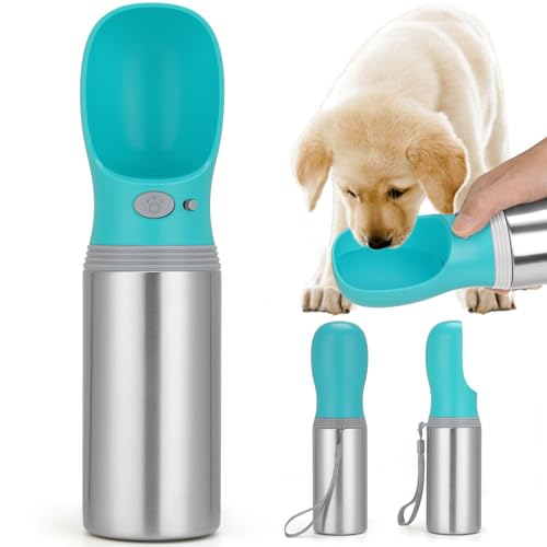 Portable Dog Water Bottle, 14 OZ, Stainless Steel Leak Proof Puppy Water Dispenser with Drinking Feeder for Pets Travel, W...