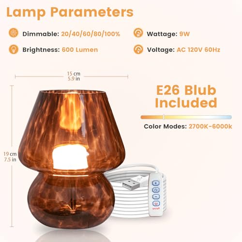 ULAROOM USB Plug-in Vintage Mushroom Lamp Small Bedside Table Lamp with 3 Temperature LED Bulb,Free Dimming Nights Light f...