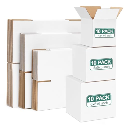 Eupako 30 Pack Small Shipping Boxes Assorted Sizes, 4x4x4 & 5x5x5 & 6x6x6 10 PCS Each Small Boxes, White Corrugated Box Ma...