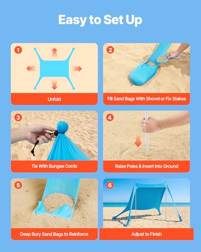 VEVOR Beach Tent Sun Shelter, UPF50+ Sun Protection, 6.6 ft Tall, 7.5x7.5 ft, Easy Pop Up Beach Canopy with Sandbags, Stab...