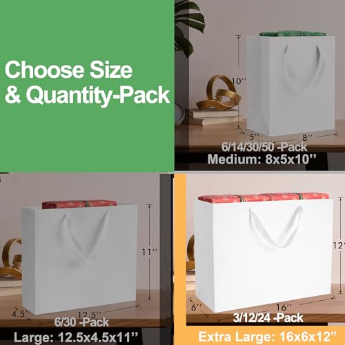 MOXARYSU White Gift Bags With Handles: 16x6x12 Inch 3pcs Extra Large White Paper Gags Bulk For Party Shopping Birthday Wed...