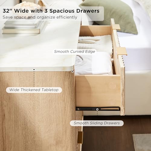 T4TREAM Fluted 3 Drawers Nightstand Set of 2, Oversized Extra Large Modern Side Table with Faux Marble Top, End Table Beds...