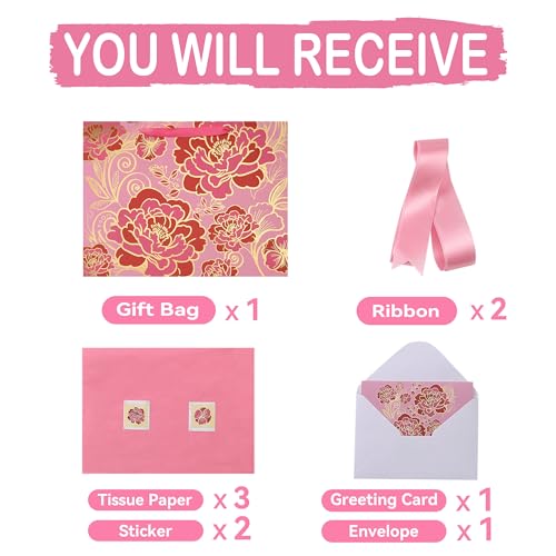 16.5" Extra Large Rose Pink Gift Bag Set with Greeting Card and Tissue Paper(Foil Traced Flowers) for Celebrating Birthday...