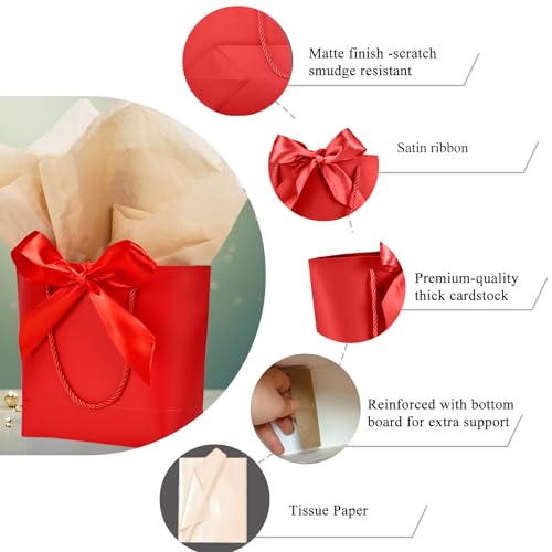 Aosric 12 Pack Red Tote Gift Bags with Bow Ribbon – 7.48x3.54x7.9 Elegant Small Cardstock Gift Bag with handles & Base Sup...