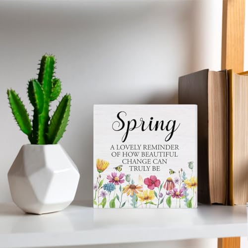 Dumyum Rustic Floral Wooden Sign Decor for Desk Table Shelf Wall 5 x 5 Inches