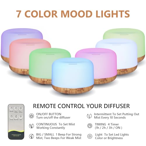 Oil Diffuser, 500ml Essential Oil Diffusers with 2 Mist Mode 4 Timers＆7 Ambient Light Waterless Auto Off, Diffusers Large ...