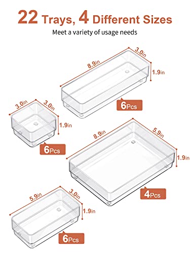 SMARTAKE 22-Piece Drawer Organizer with Non-Slip Silicone Pads, 4-Size Clear Desk Drawer Organizer Trays Storage Tray for ...