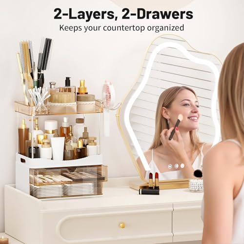 TasticTotes Bathroom Counter Organizer with Hairdryer Holder, 2-Tier 2-Drawer Shower Organizer for Skincare, Makeup Cosmet...